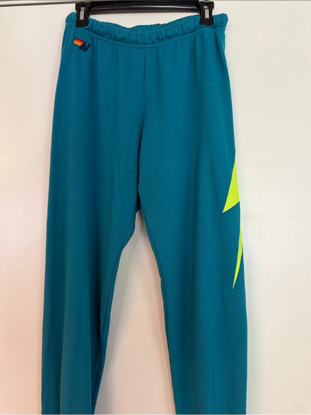 Aviator Nation Teal Track Pants with Neon Yellow Accent